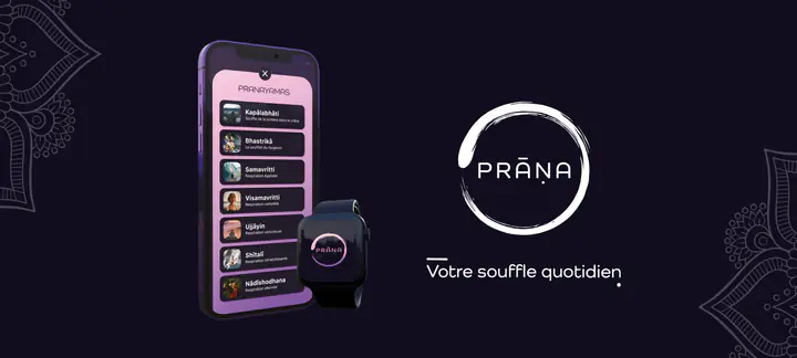 L’application Prana sur un smartphone et une montre connectée, avec le logo et « Votre souffle quotidien »