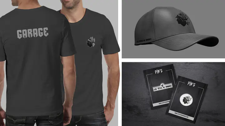 Des t-shirts « Garage », une casquette et des flyers noirs des Têtes de Maures