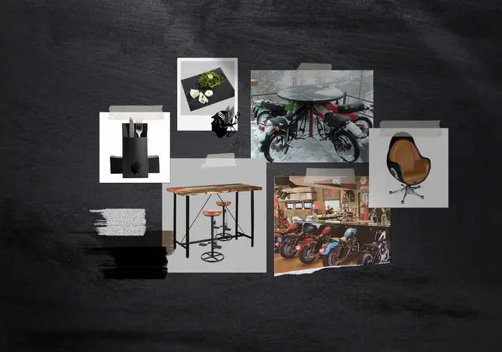 Planche d’ambiance : motos, garage, mobilier industriel et tons sombres