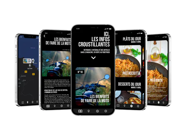Les écrans de l’application : infos, plats du jour, desserts et articles sur la moto