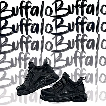 Une paire de baskets noires dessinée devant le mot « Buffalo », répété au pinceau
