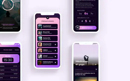 Les écrans d’une application de respiration sur fond lilas : la liste « Pranayamas », un minuteur, « Méditation et yoga »