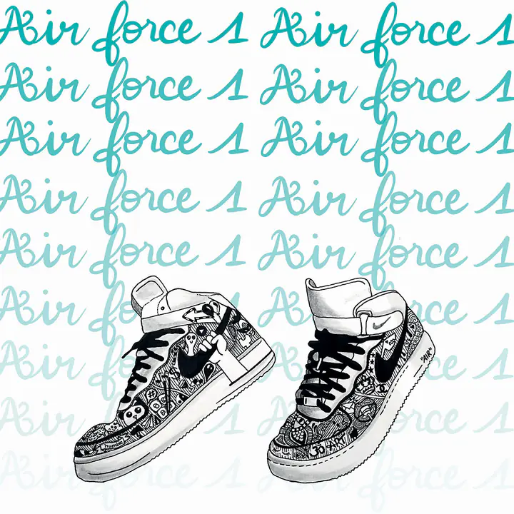 Une paire de baskets blanches couvertes de doodles sur un lettrage « Air force 1 » répété en turquoise