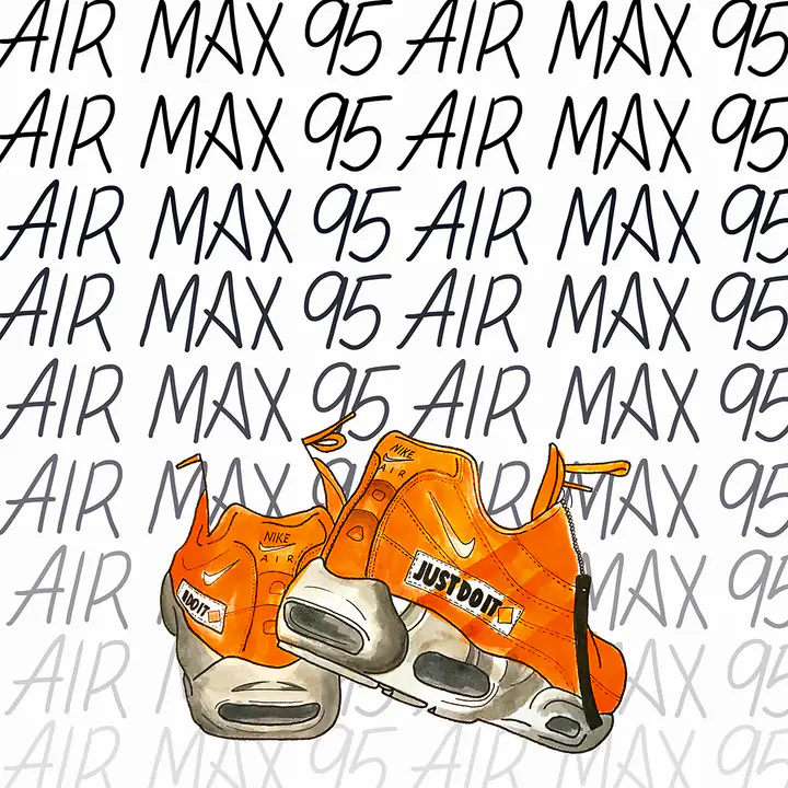 Une paire de baskets orange sur un lettrage « Air Max 95 » répété