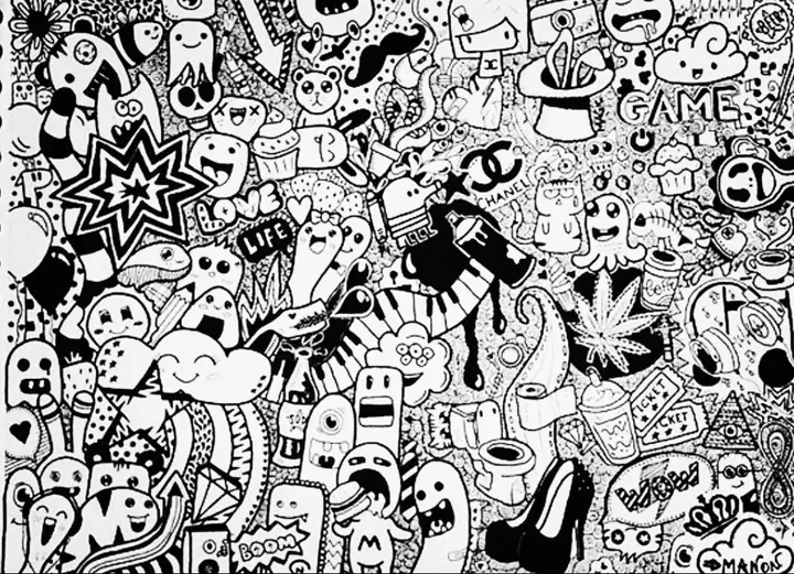 Planche de doodles en noir et blanc : personnages, logos et motifs entremêlés