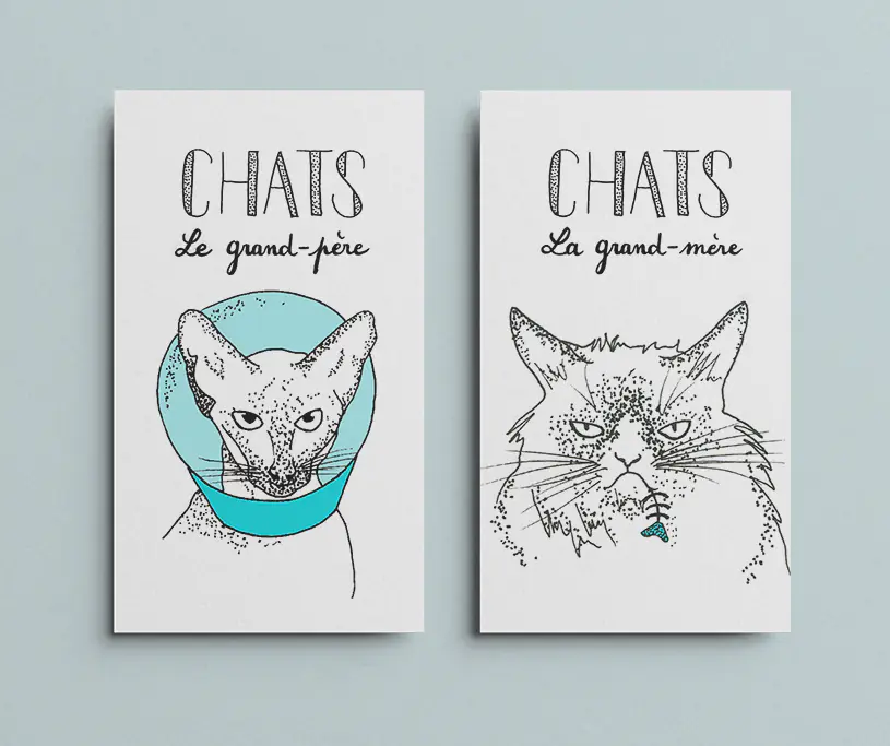 Famille Chats : les cartes du grand-père et de la grand-mère, à l’encre rehaussée de turquoise