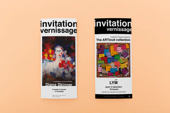 Deux cartons d’invitation au vernissage : Diana Skinner, et LYM, The ARTloud collection