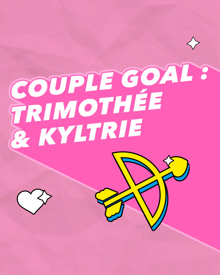 « Couple goal : Trimothée & Kyltrie », sur fond rose, avec l’arc de Cupidon